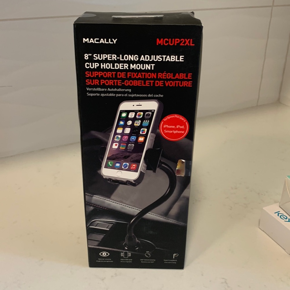 Macally cup holder phone mount for hands-free driving and phone use. 8”arm